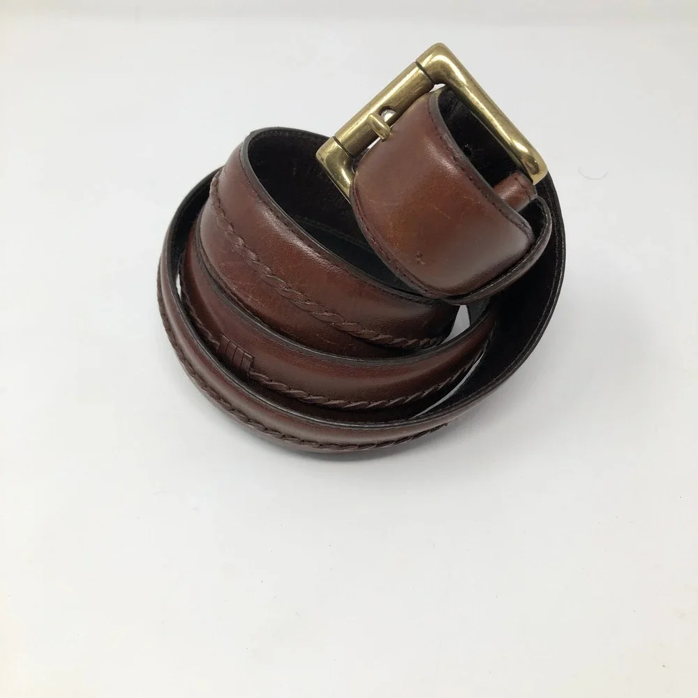 Woolrich Mens Brown Leather Belt 42 Italian Leather Woven Center Strip